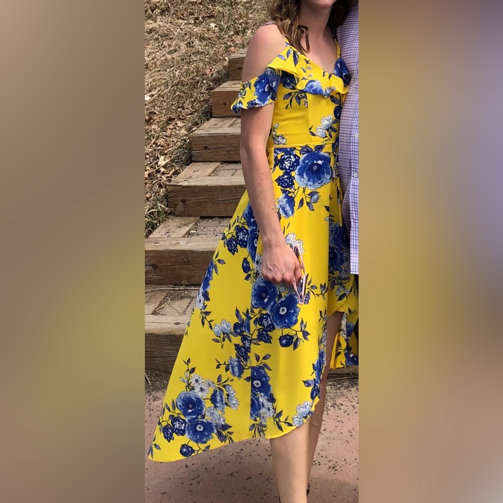 Ladies surplice floral high low summer midi dress-yellow blue xs